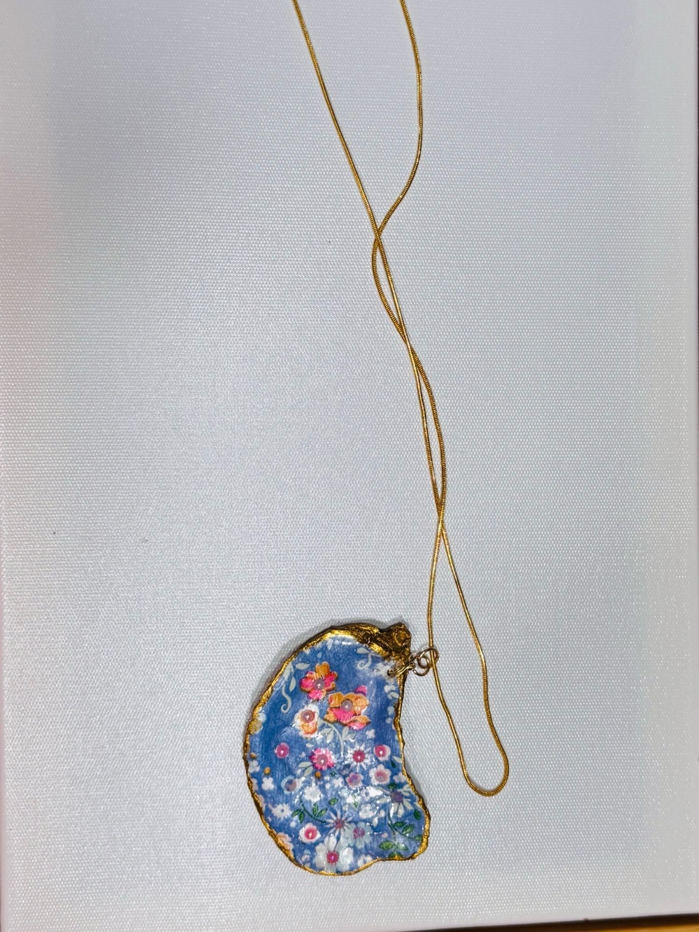 Gold Plated Necklace Blue Floral Decoupage   Shell Pendant - Handmade by Me